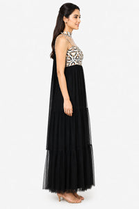 Black Tiered Maxi Dress with Embellished Printed Bodice – Pack of 6