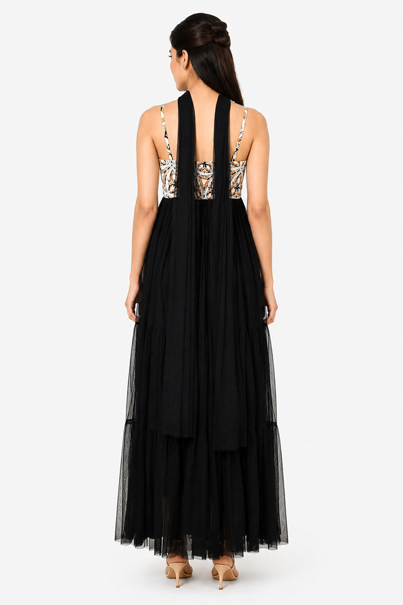 Black Tiered Maxi Dress with Embellished Printed Bodice – Pack of 6