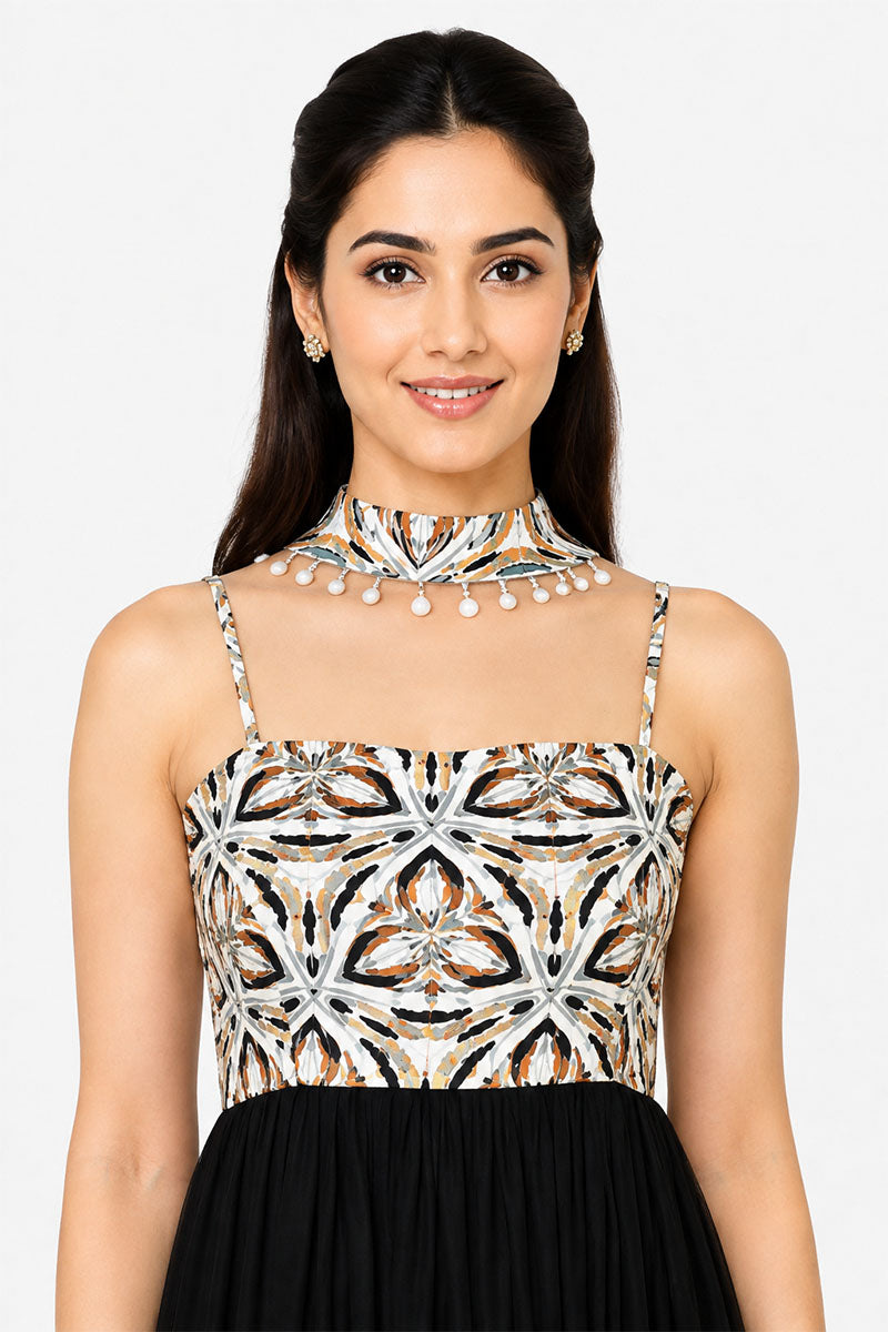 Black Tiered Maxi Dress with Embellished Printed Bodice – Pack of 6