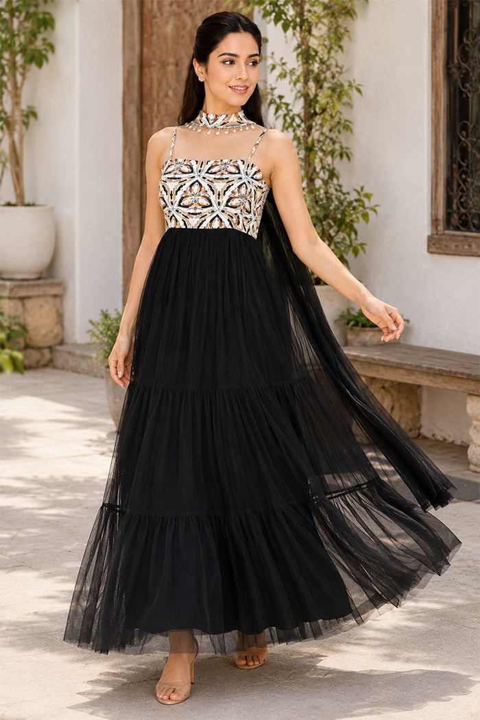 Black Tiered Maxi Dress with Embellished Printed Bodice – Pack of 6