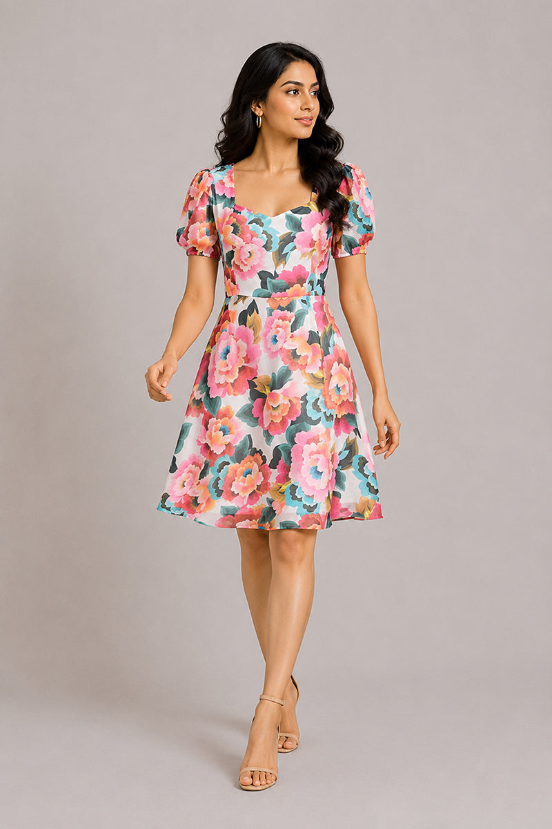 Vibrant Floral Puff-Sleeve Fit & Flare Dress – Pack of 6