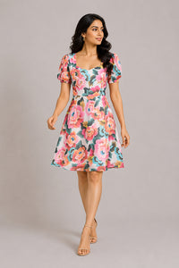 Vibrant Floral Puff-Sleeve Fit & Flare Dress – Pack of 6