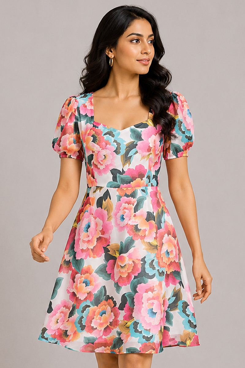 Vibrant Floral Puff-Sleeve Fit & Flare Dress – Pack of 6