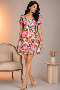 Vibrant Floral Puff-Sleeve Fit & Flare Dress – Pack of 6
