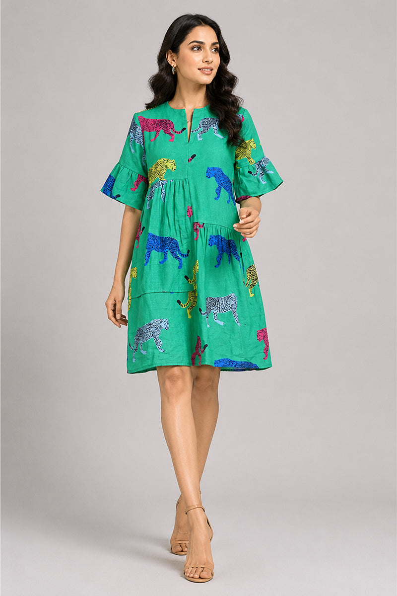 Green Cotton Animal & Floral Print Ruffle-Sleeve Dress – Pack of 6