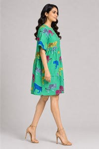 Green Cotton Animal & Floral Print Ruffle-Sleeve Dress – Pack of 6
