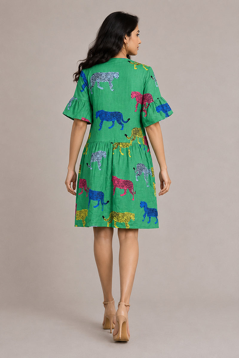 Green Cotton Animal & Floral Print Ruffle-Sleeve Dress – Pack of 6