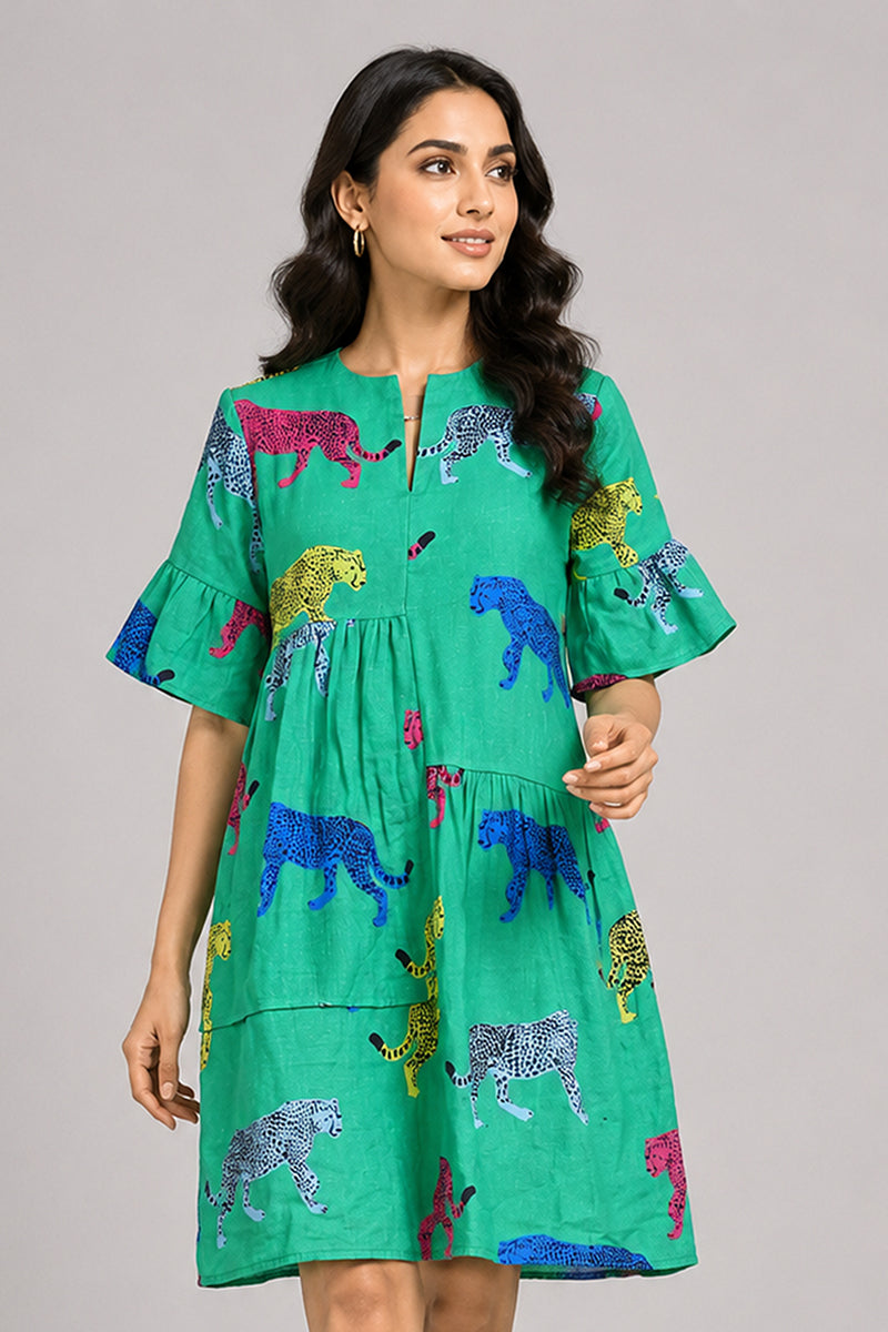 Green Cotton Animal & Floral Print Ruffle-Sleeve Dress – Pack of 6