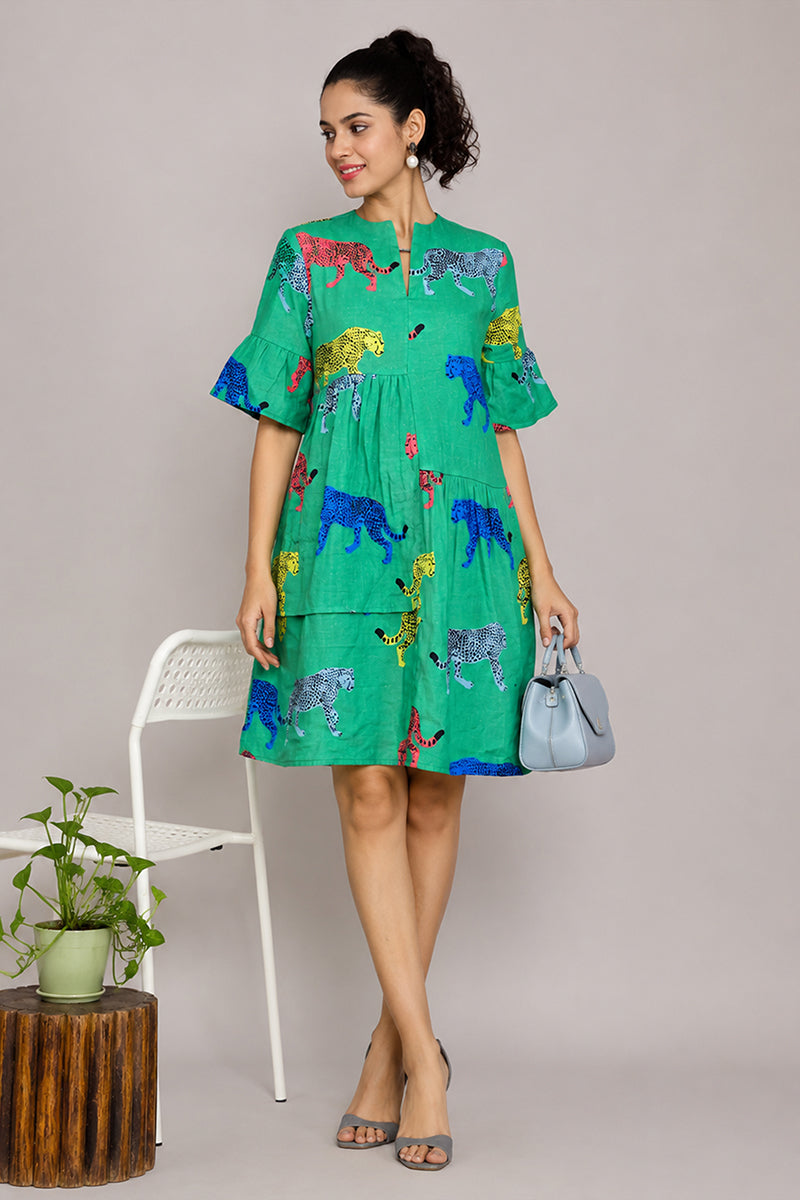 Green Cotton Animal & Floral Print Ruffle-Sleeve Dress – Pack of 6