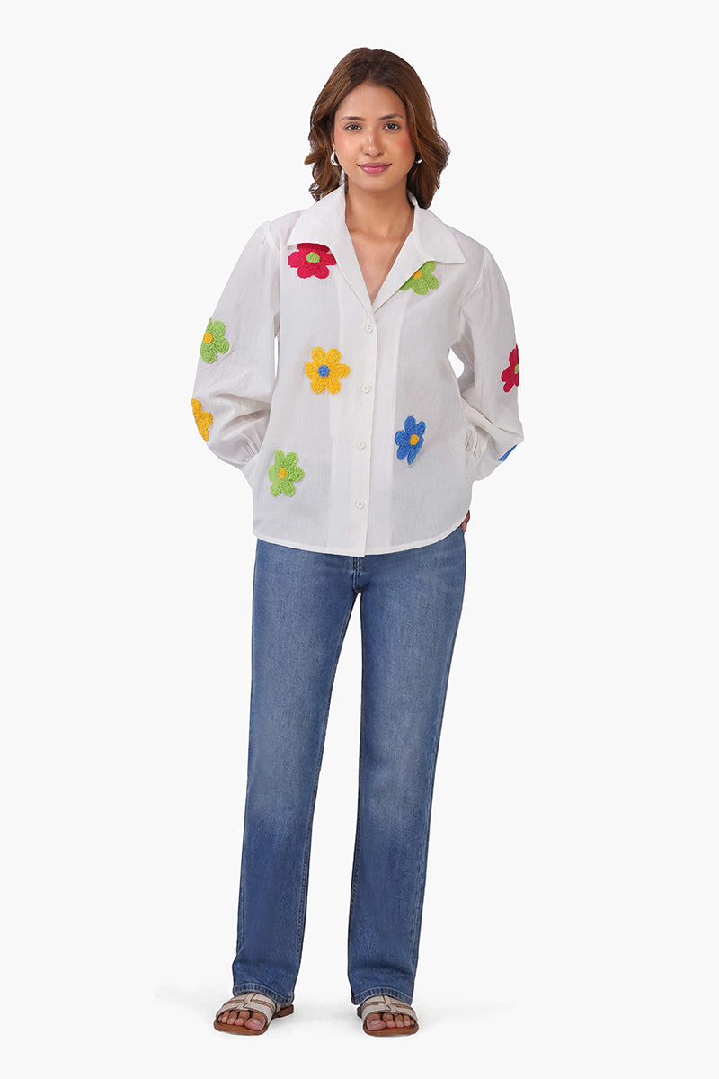 White Cotton Floral Embroidered Button-Down Shirt – Pack of 6