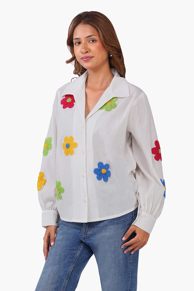 White Cotton Floral Embroidered Button-Down Shirt – Pack of 6