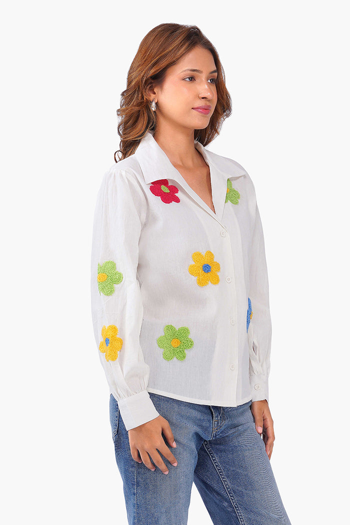White Cotton Floral Embroidered Button-Down Shirt – Pack of 6
