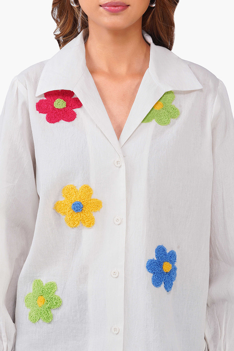 White Cotton Floral Embroidered Button-Down Shirt – Pack of 6