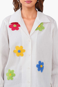 White Cotton Floral Embroidered Button-Down Shirt – Pack of 6