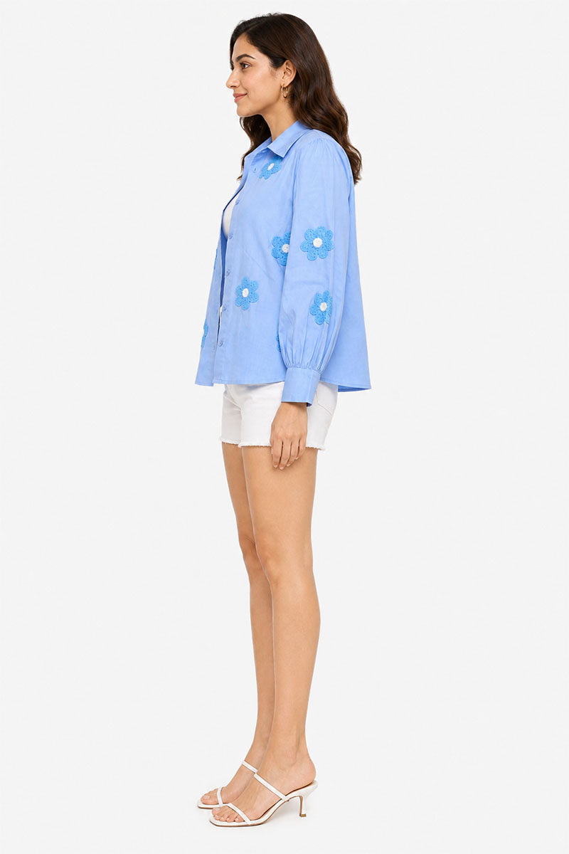 Light Blue Floral Embroidered Button-Down Shirt – Pack of 6