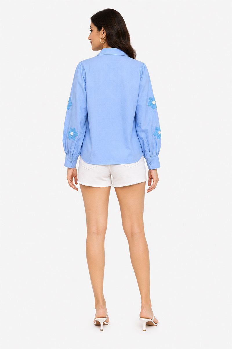 Light Blue Floral Embroidered Button-Down Shirt – Pack of 6