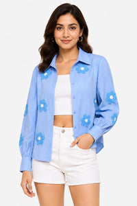 Light Blue Floral Embroidered Button-Down Shirt – Pack of 6