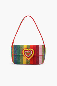Rainbow Striped Heart Hand-Beaded Shoulder Bag for Women